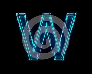 Blue shine neon light glow glassy crystal font - letter W isolated on black background, 3D illustration of symbols