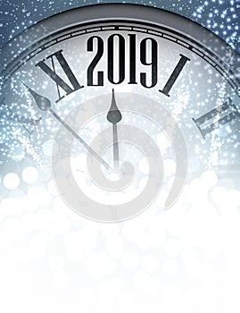 Blue shiny 2019 New Year background with clock.