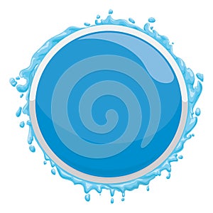 Blue shiny button template with silver frame and water splashing, Vector illustration
