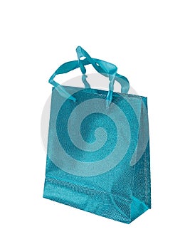 Blue shiny gift bag isolated on a white background