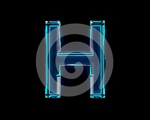 Blue shiny neon light glow glass made transparent alphabet - letter H isolated on black dark, 3D illustration of symbols