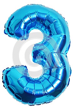 Blue shiny number three balloon for birthday parties isolated on white background or wall