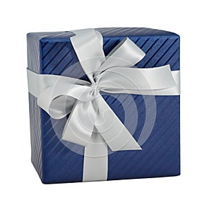 Blue shiny paper wrap gift box white ribbon present christmas birthday isolated