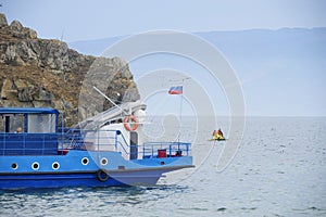 Blue ship on Baikal Lake, Siberia,Russian Federation