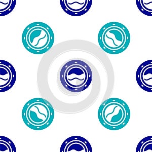 Blue Ship porthole with rivets and seascape outside icon isolated seamless pattern on white background. Vector