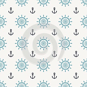 Blue Ship steering wheel and dark blue anchor icon isolated seamless pattern on gray background. Vector