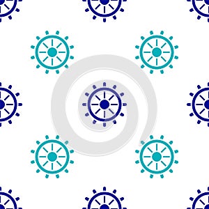 Blue Ship steering wheel icon isolated seamless pattern on white background. Vector