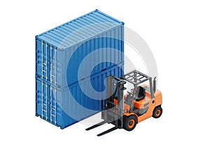 Blue shipping containers and forklift isolated on transparent background
