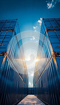 blue shipping containers stacked high at sunset