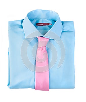 Blue shirt with a pink tie