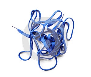 Blue shoe laces isolated on white, top view