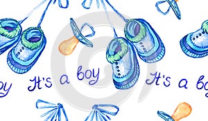 Blue shoes hanging on lace, pacifiers, inscription it`s a boy, hand painted watercolor illustration, seamless pattern