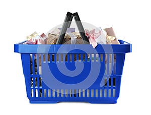 Blue shopping basket with different gifts