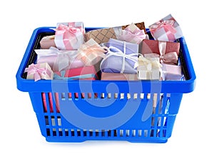 Blue shopping basket with different gifts