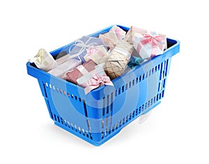 Blue shopping basket with different gifts on background