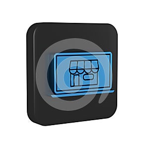 Blue Shopping building on screen laptop icon isolated on transparent background. Concept e-commerce, e-business, online