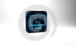 Blue Shopping cart on monitor icon isolated on grey background. Concept e-commerce, e-business, online business