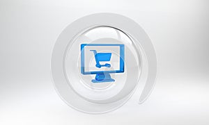 Blue Shopping cart on screen computer icon isolated on grey background. Concept e-commerce, e-business, online business