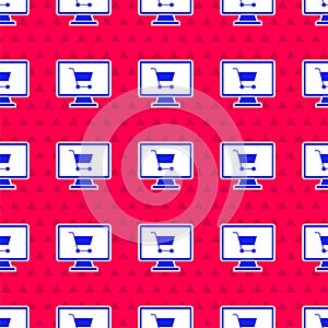 Blue Shopping cart on screen computer icon isolated seamless pattern on red background. Concept e-commerce, e-business