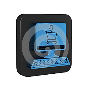 Blue Shopping cart on screen computer icon isolated on transparent background. Concept e-commerce, e-business, online