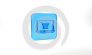 Blue Shopping cart on screen laptop icon isolated on grey background. Concept e-commerce, e-business, online business