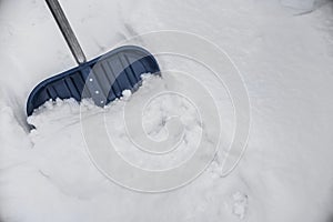 Blue shovel in the snow photo