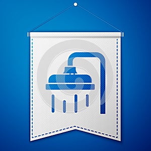 Blue Shower head with water drops flowing icon isolated on blue background. White pennant template. Vector Illustration