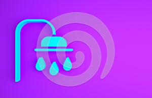 Blue Shower head with water drops flowing icon isolated on purple background. Minimalism concept. 3d illustration 3D