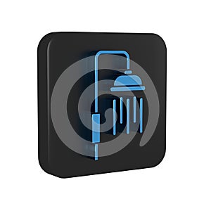 Blue Shower head with water drops flowing icon isolated on transparent background. Black square button.