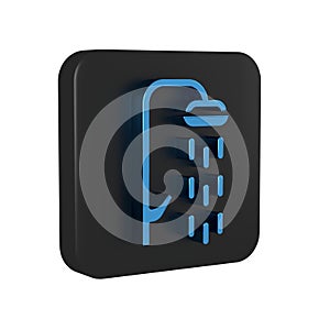 Blue Shower head with water drops flowing icon isolated on transparent background. Black square button.