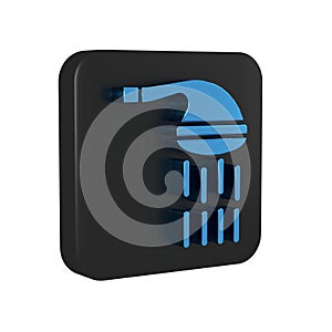 Blue Shower head with water drops flowing icon isolated on transparent background. Black square button.