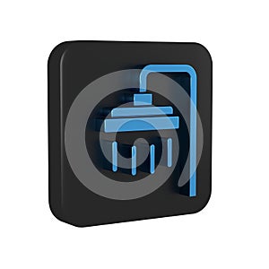 Blue Shower head with water drops flowing icon isolated on transparent background. Black square button.