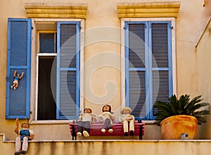 Blue shutters and small sculptures Neve Tzedek Israel