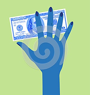 Azul silueta de una mujer mano 100 dolares Banco sobre el verde 