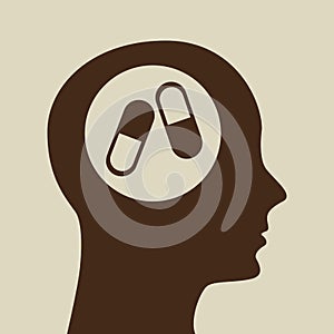 Blue silhouette head medicine capsule icon design