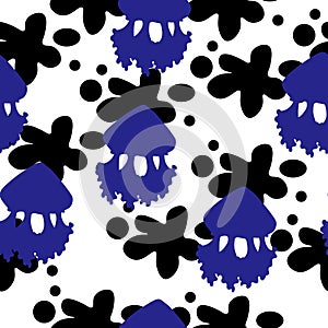Blue silhouette of a jellyfish with black ornate spots seamless pattern, bright silhouettes of underwater animals on a white