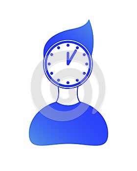 Blue silhouette of man with clock instead of head. Concept of working time, office, business, schedule, waiting time