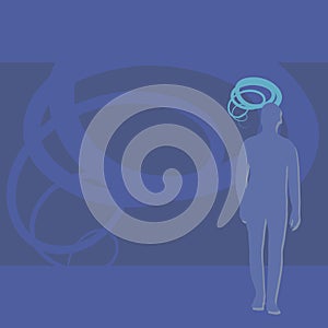 Blue silhouette of a man with a gray shadow on the right with a spiral of head on a background of doubled spiral meditations vecto