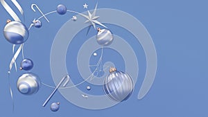 Blue and silver balls, stars and baubles in perspective. Christmas and New Year background, nice design for greeting card,