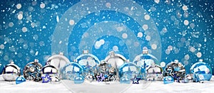 Blue and silver christmas baubles background 3D rendering