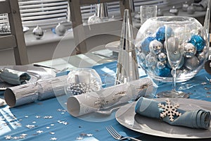 Blue and silver Christmas dinner table