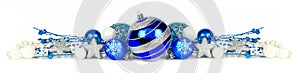 Blue and silver Christmas ornament border over white photo
