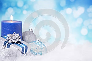 Blue and silver Christmas scene with baubles