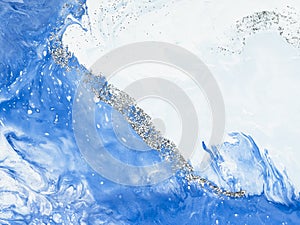 Blue with silver creative abstract hand painted background, marble texture, abstract ocean, acrylic painting on canvas