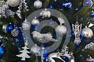 Blue and silver decorations of christmas tree