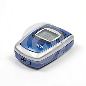 Blue and silver electronic device with \'test\' label isolated on white background photo