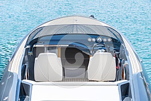 Blue silver luxury power boat cockpit