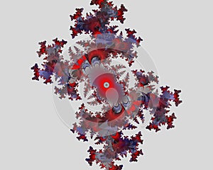 Blue silver red flowery hypnotic fractal, abstract flowery spiral shapes, background