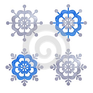 Blue and silver snowfloke watercolor hand painted set.