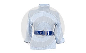 Blue and silver turtle neck blouse with a matching belt isolated on white background.